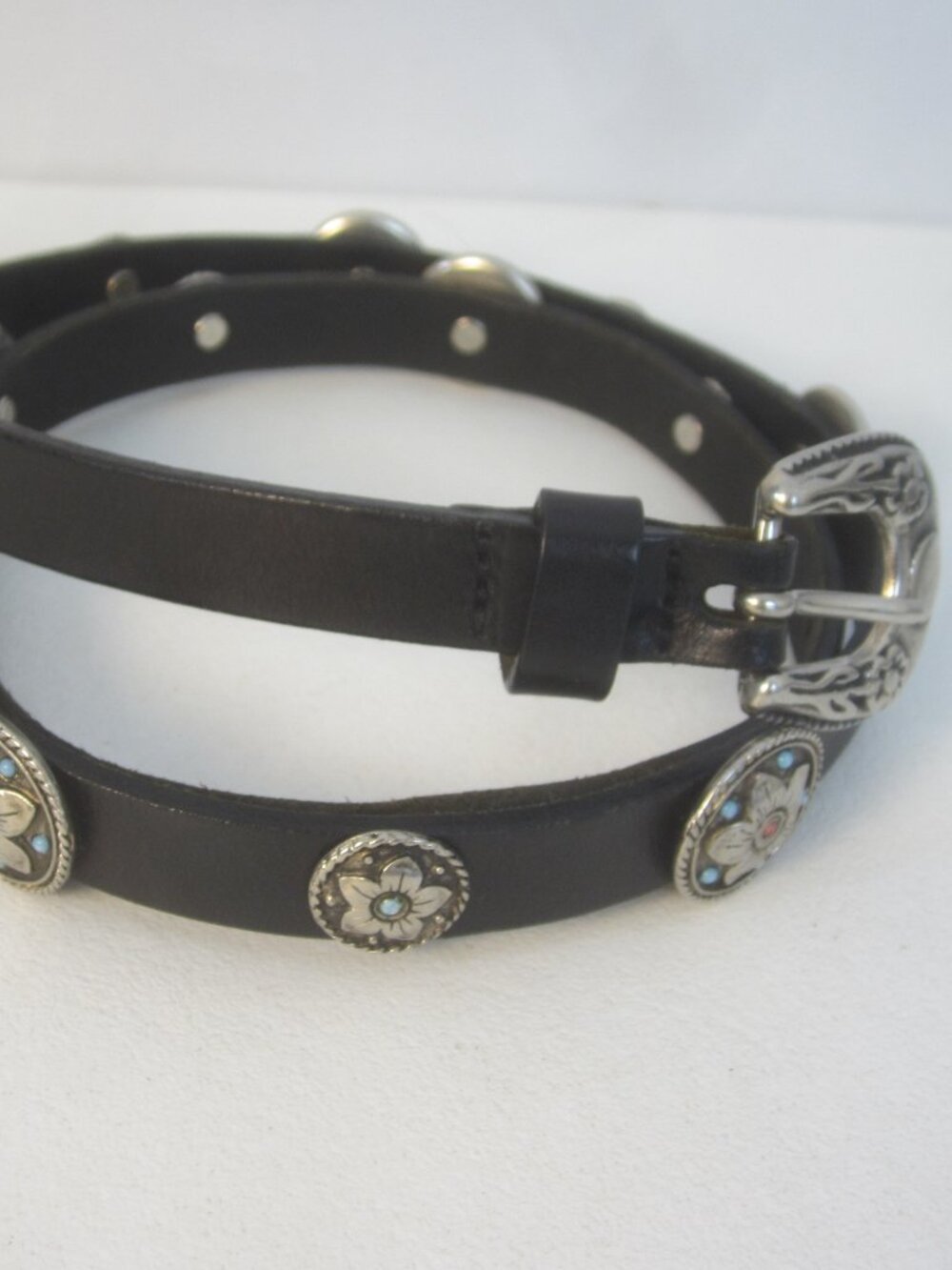 Vtg Abel Belt Women M Black Leather Silver Blue Beads Southwestern Italy 30 - 33